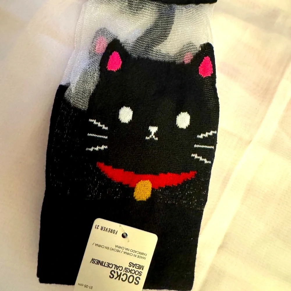 Forever 21 Black Lucky Cat mesh Socks with Red and Gold Accents - NWT